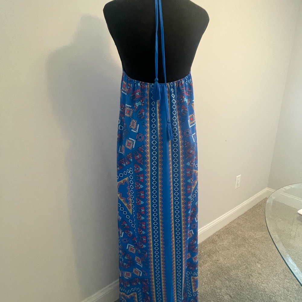 Blue Patterned Halter Maxi Dress